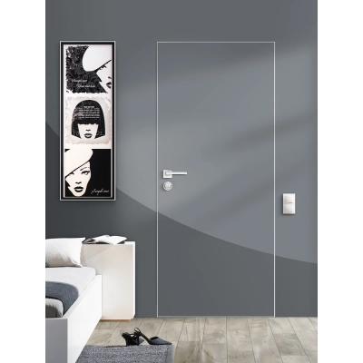 Дверь скрытая INVISIBLE 2.3 метра на себя, кромка AL хром матовый с 4-х сторон под покраску