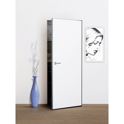 Дверь скрытая INVISIBLE 2.1 метра на себя, кромка AL хром матовый с 4-х сторон под покраску