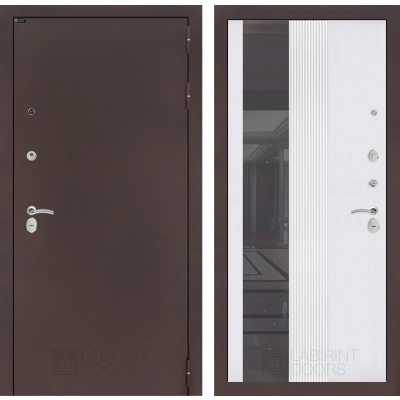 Входная дверь CLASSIC антик медный с Зеркалом 32 тонированным - Белый рельеф софт