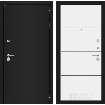 Входная дверь CLASSIC шагрень черная 25 - Белый софт, черный молдинг